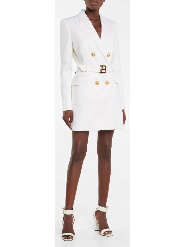 Double-Breasted Belted Blazer-Dress in White