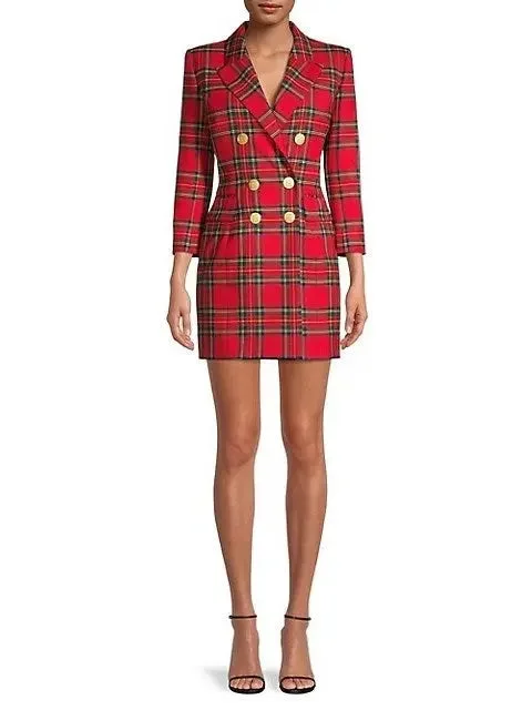 Double-Breasted Red Tartan Blazer-Dress