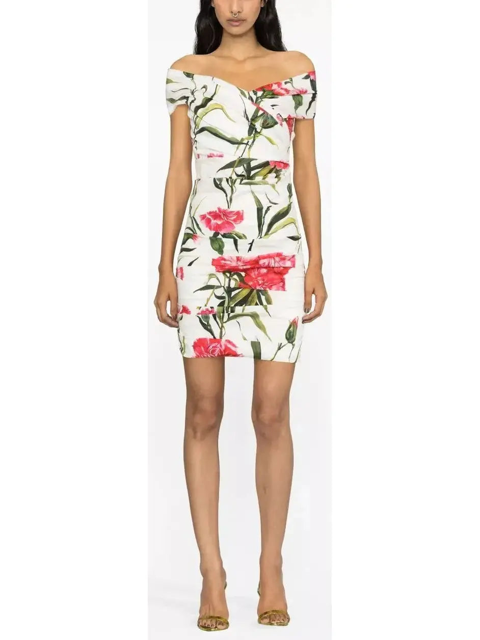 Draped Carnation-Print Poplin Dress