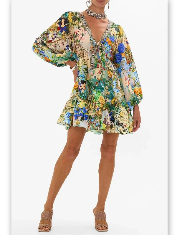 Fairy Tale Printed Short Tie Front Silk Blouson Dress