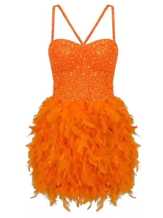 Feather-Trim Sequin-Embellished Bustier Dress