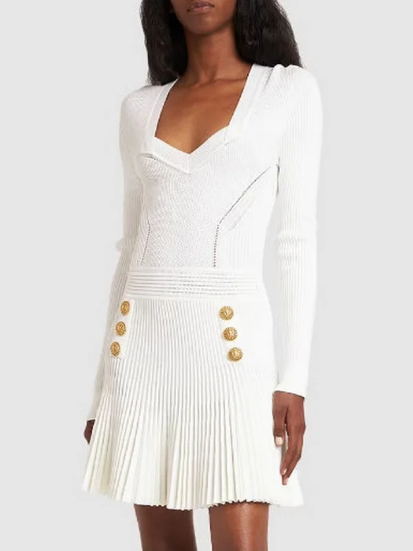 Flared Ribbed Knit Dress in White