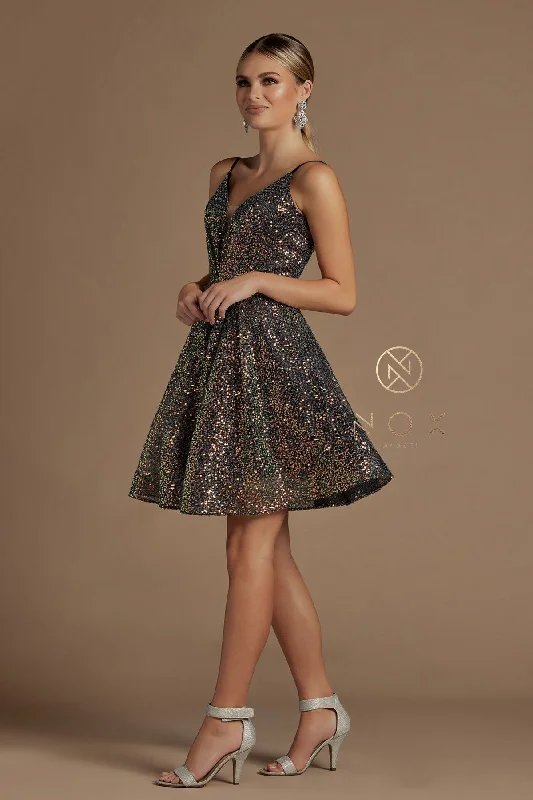 Short Iridescent Sequin V-Neck Dress By Nox Anabel -R703