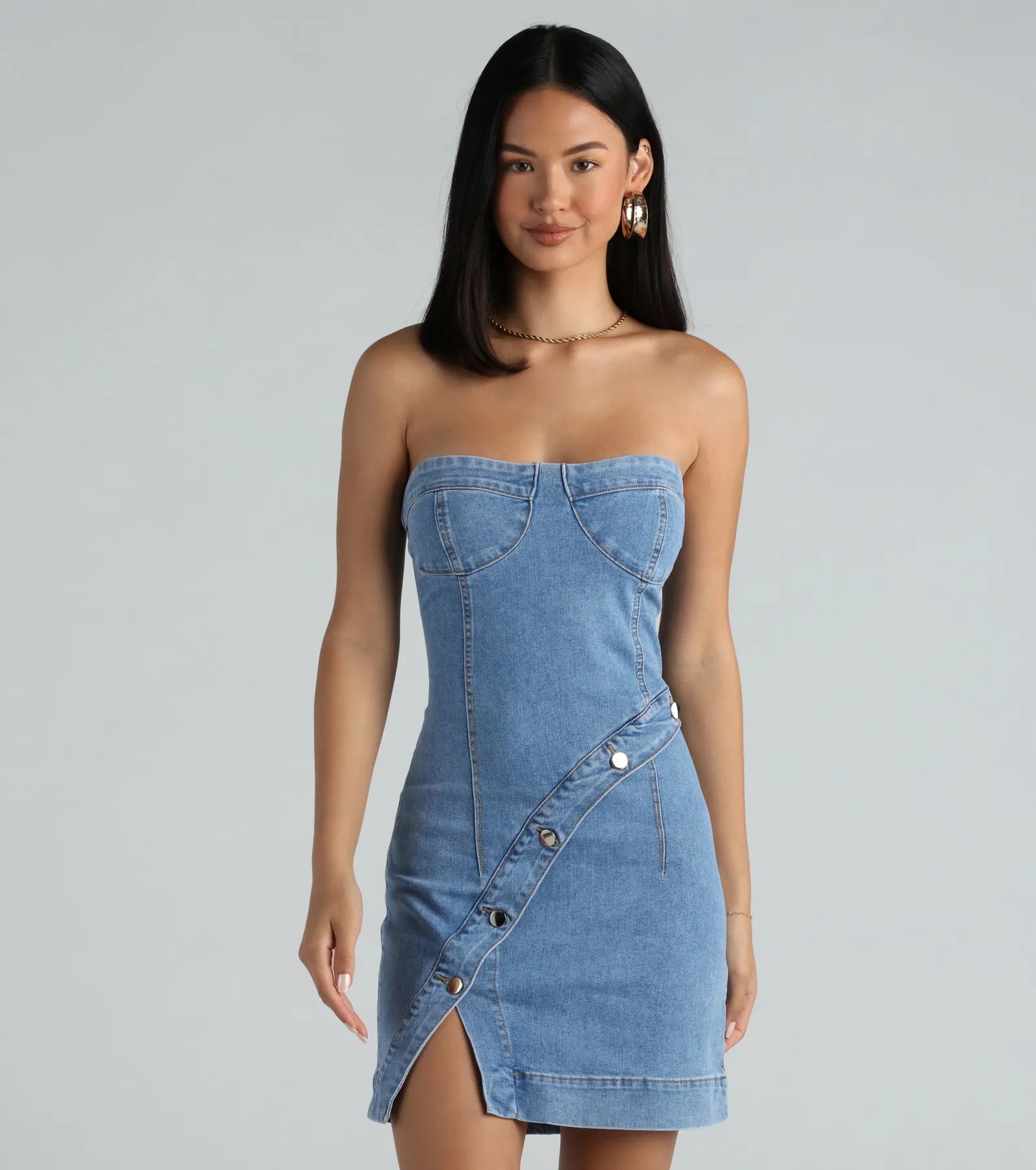 Button Up Babe Denim Strapless Mini Dress