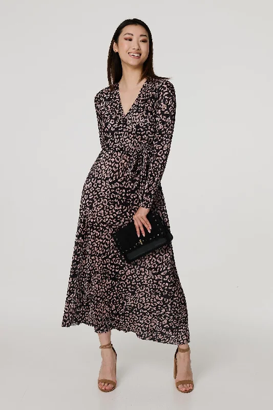 Animal Print Pleated Wrap Midi Dress