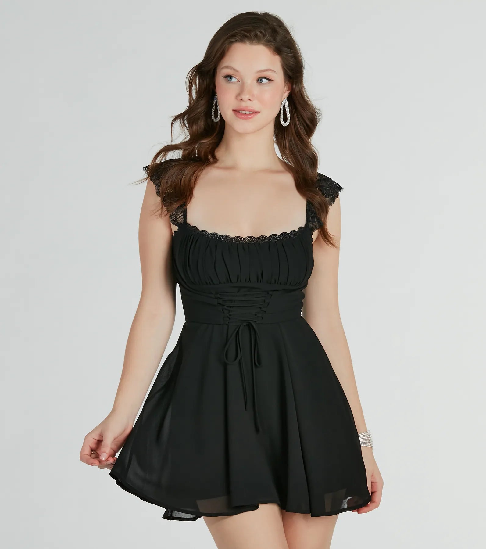 Dainty-Chic Lace-Trim Woven Corset Skater Dress