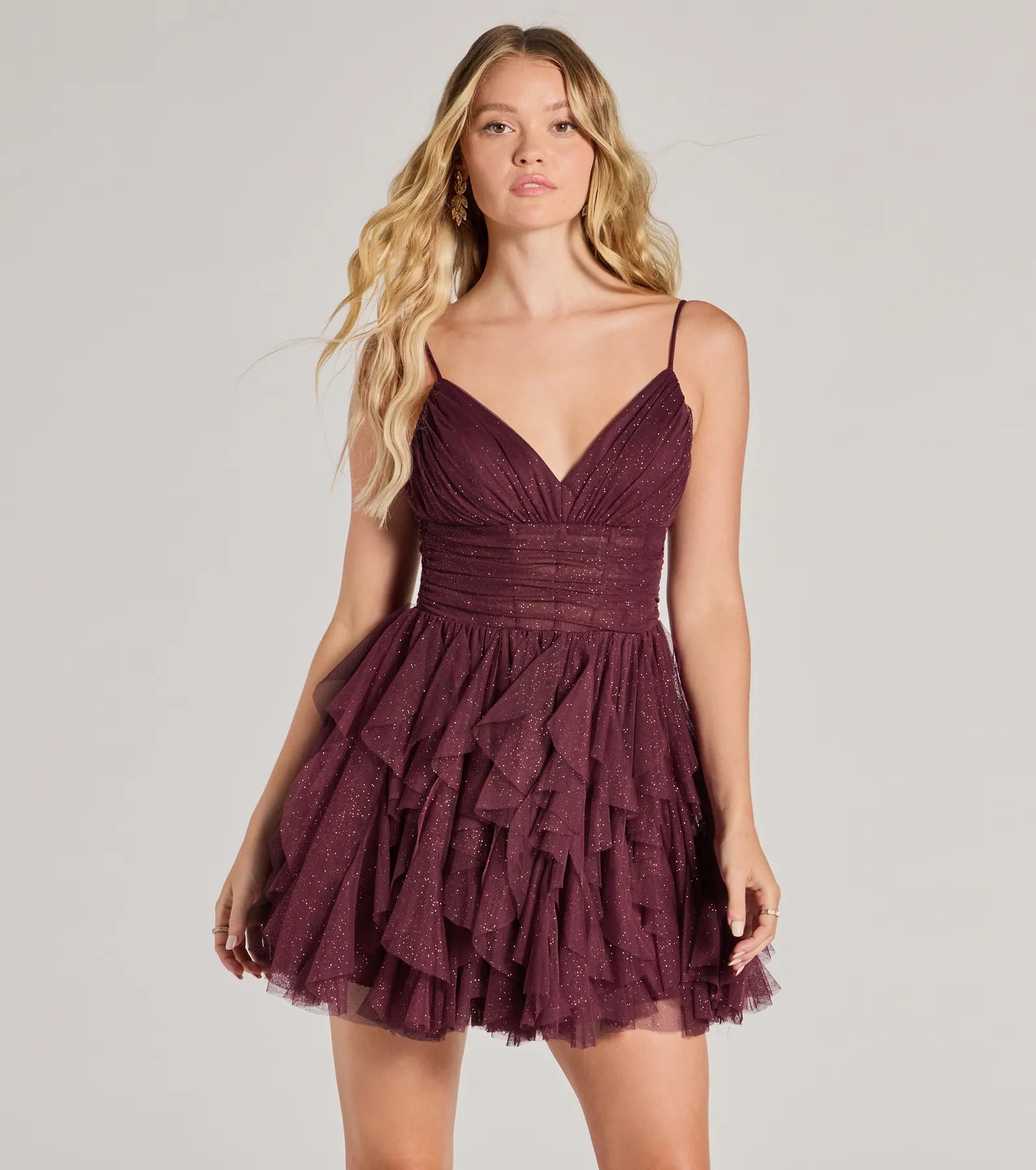 Leanna Ruffle Glitter Mesh Skater Dress