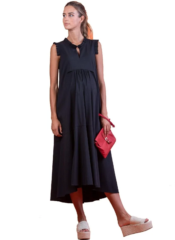 Maternity Midi Dress with Frill Trims - Black