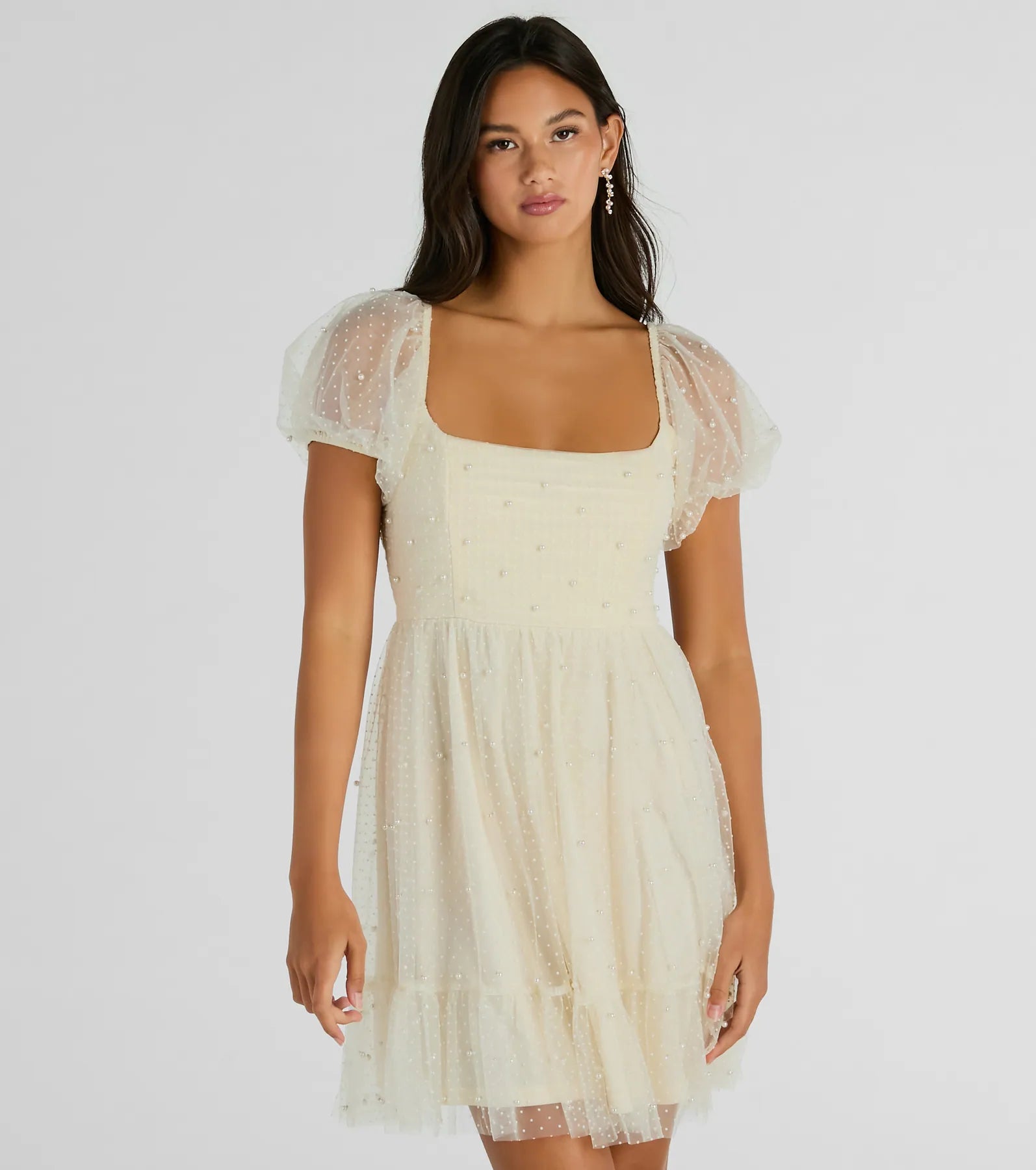 Raise A Toast Puff Sleeve Faux Pearl Babydoll Dress