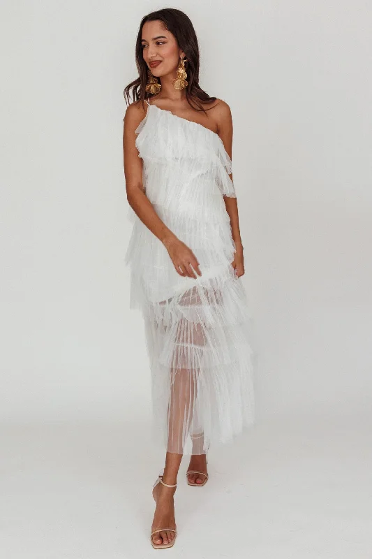 Arrabel Tiered Ruffle Tulle Maxi Dress White