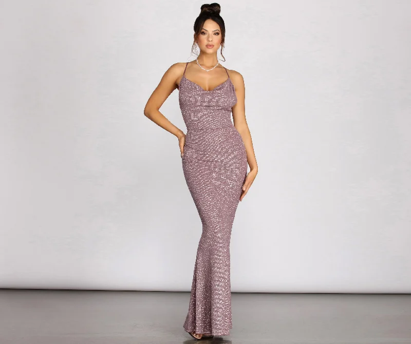 Nivea Mauve Glitter Cowl Neck Evening Gown