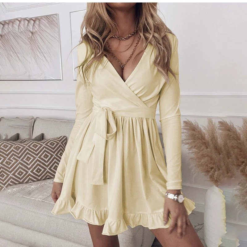 Fashion Casual Lace Up V-neck Long Sleeve Ruffles Beach Party Dress