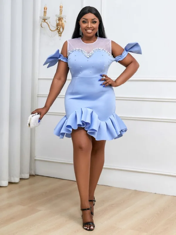 Blue Ruffles Beads Bowtie Party Dress Mini