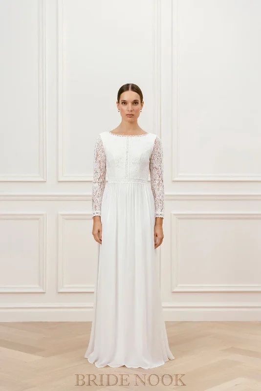 A-Line long Sleeves Boat Neck Lace Wedding Dress With Open Back