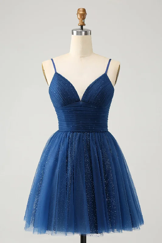 Navy A Line Spaghetti Straps Tulle Lace- Up Back Homecoming Dress