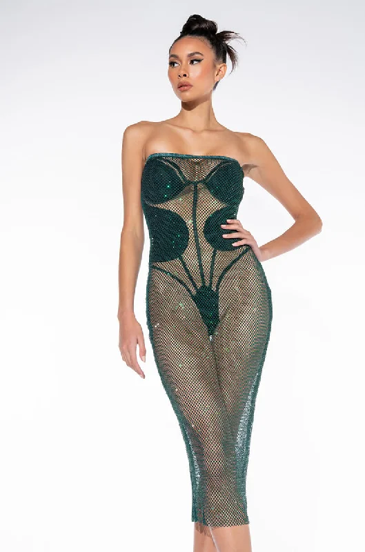 ALL DAY BABY RHINESTONE MESH TUBE DRESS DARK GREEN