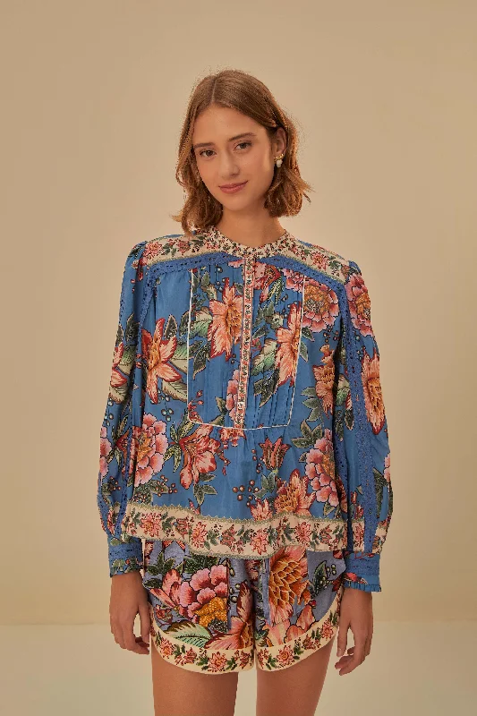 Blue Wonderful Bouquet Long Sleeve Blouse