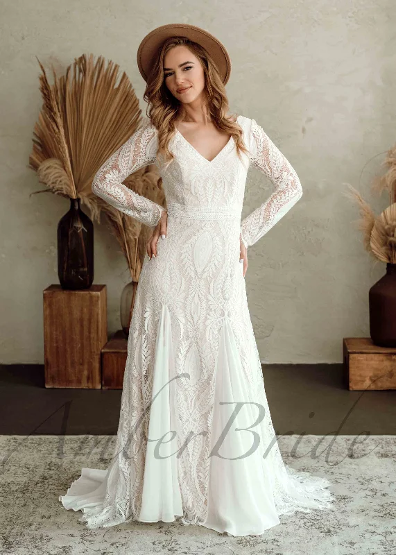 Boho A Line Lace Wedding Dress with Long Sleeve and Backless Design