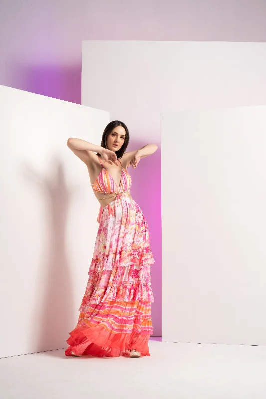 Pink fancy fusion full length dress with stylized chain at waist and tie up back