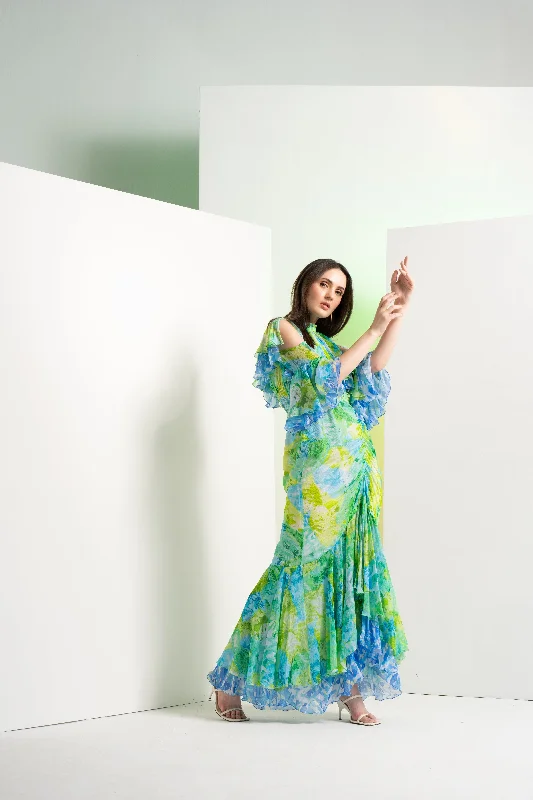 Floral camo fluorescent full length fish cut dress