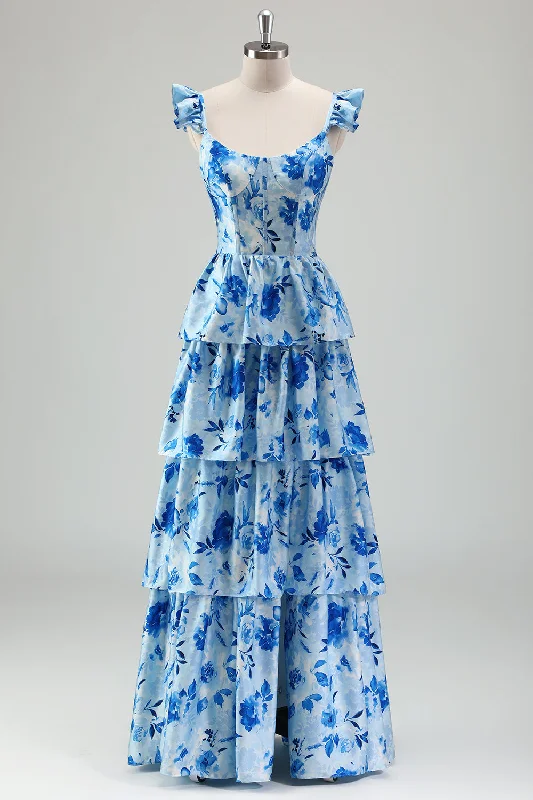 Blue Floral A Line Corset Tiered Long Bridesmaid Dress with Slit