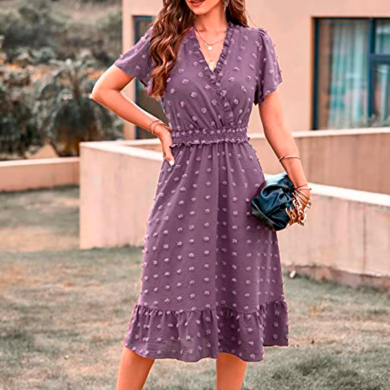 Dot Short Sleeve V Neck 2024 Summer Women's Midi Boho Dress