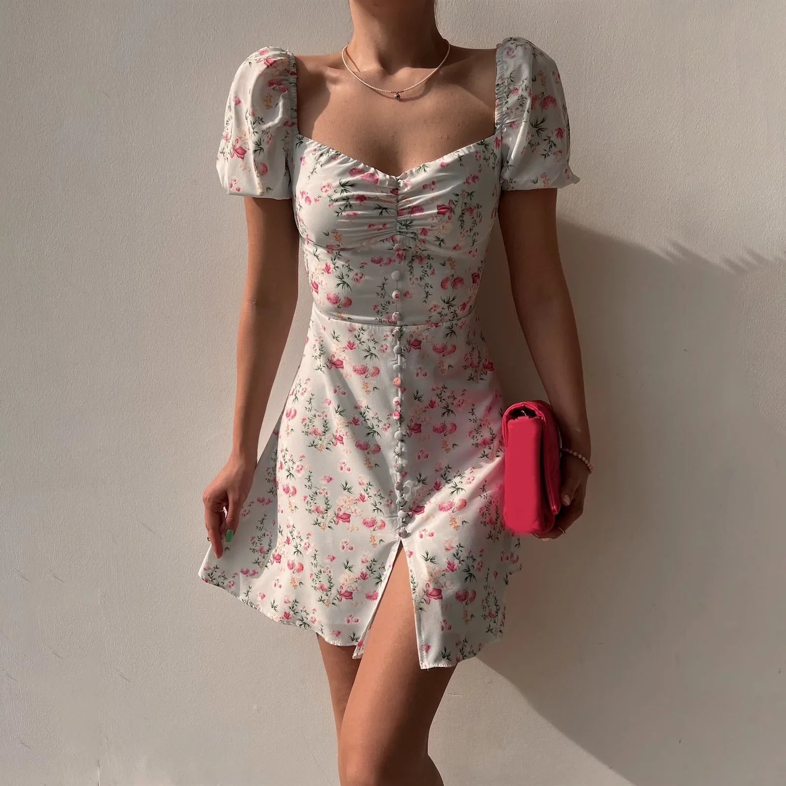 Bubble Sleeve V Neck Elegant Clearance Sale Women's Floral Shorts Boho Dress