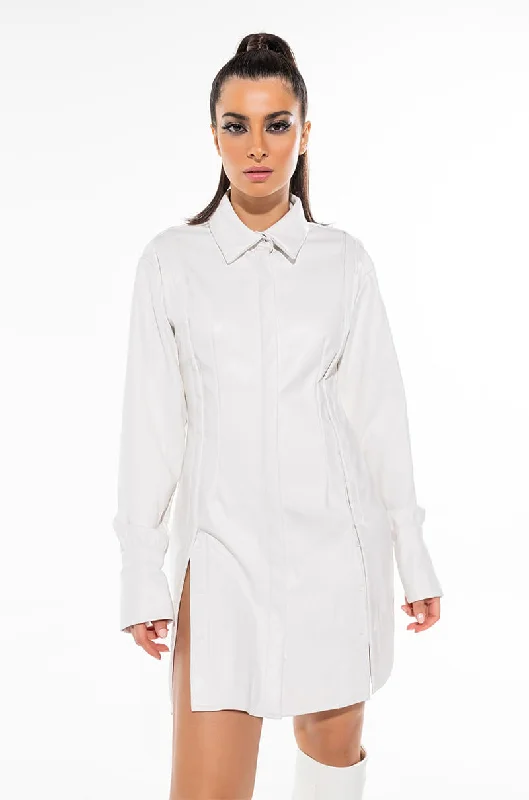 CUNTY BUTTON FRONT PU SHIRT DRESS IVORY