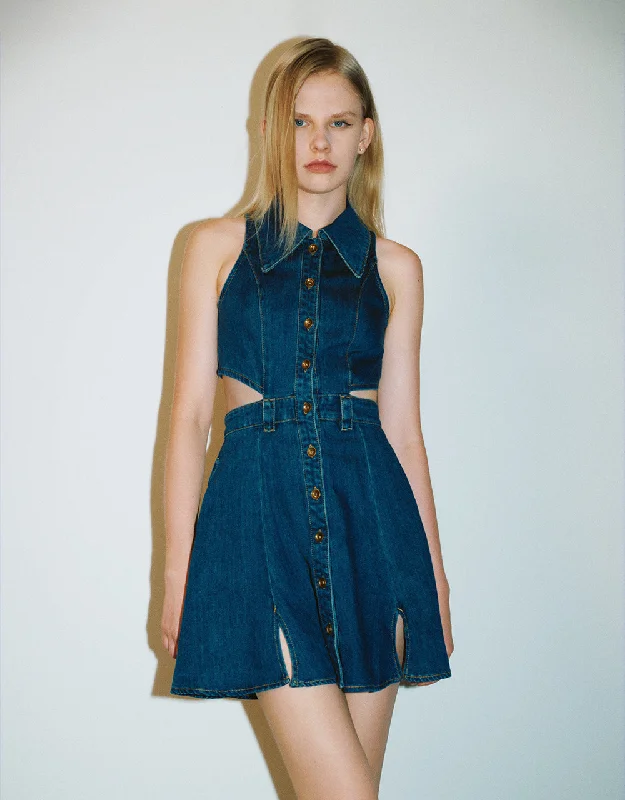 Cut-Out Sleeveless Denim Dress