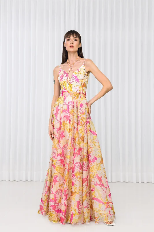 Dahlia Bouquet Printed Chiffon Dress in Scuba and Lazer Details