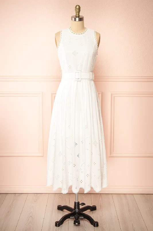 Danilynn | Midi White Openwork Dress w/ Belt