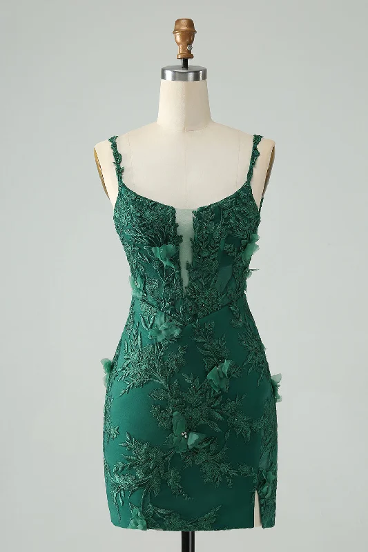 Dark Green Bodycon Spaghetti Straps Short Homecoming Dress with Appliques