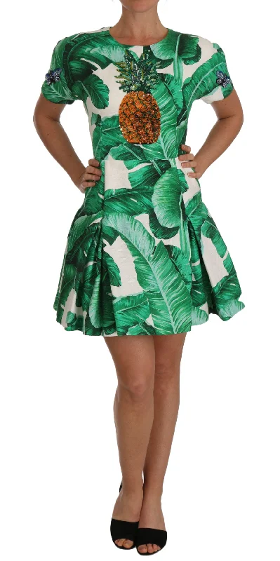 Elegant Green Banana Leaf Print A-Line Dress