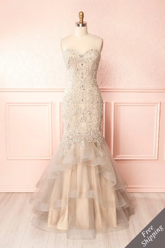 Emorine | Beige & Silver Crystal Embroidered Bridal Gown