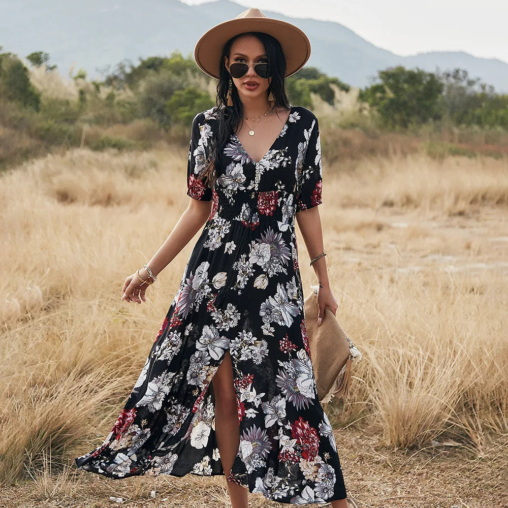 FashionSierra-Bohemian  Cotton Floral Print  Long  Women  V-neck  Short Sleeve  Casual  Vestido  Robe  Elegant  Summer Boho Dress