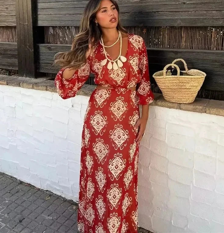 FashionSierra-Sexy  Hollow Out  Backless  Maxi  Women  Long Sleeve  Chiffon Print  Beach  Summer  Casual  Long  Vestidos Boho Dress