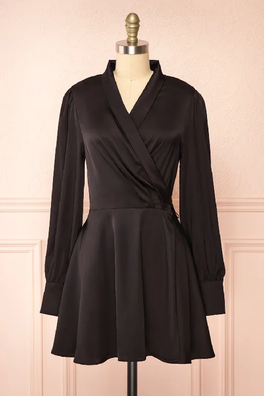 Felestine Black | Short Satin Wrap Dress