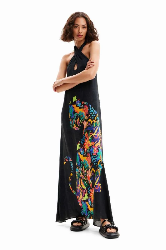 Jungle Design Maxi Halter Neck Dress in Black 24SWMW142000 by Desigual