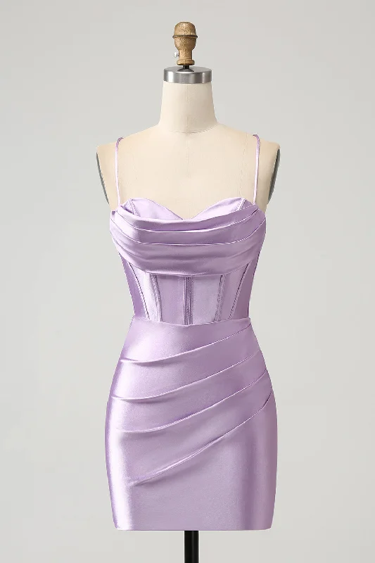 Lilac Bodycon Spaghetti Straps Corset Satin Short Homecoming Dress