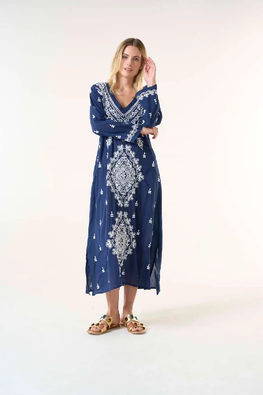 Pre Order Long Goa Dress Embroidery in Navy/White S24-07EN/W-744 by One Season