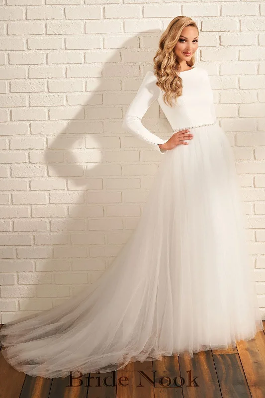 Long Sleeve Tulle Skirt Modest Wedding Dress | Bride Nook