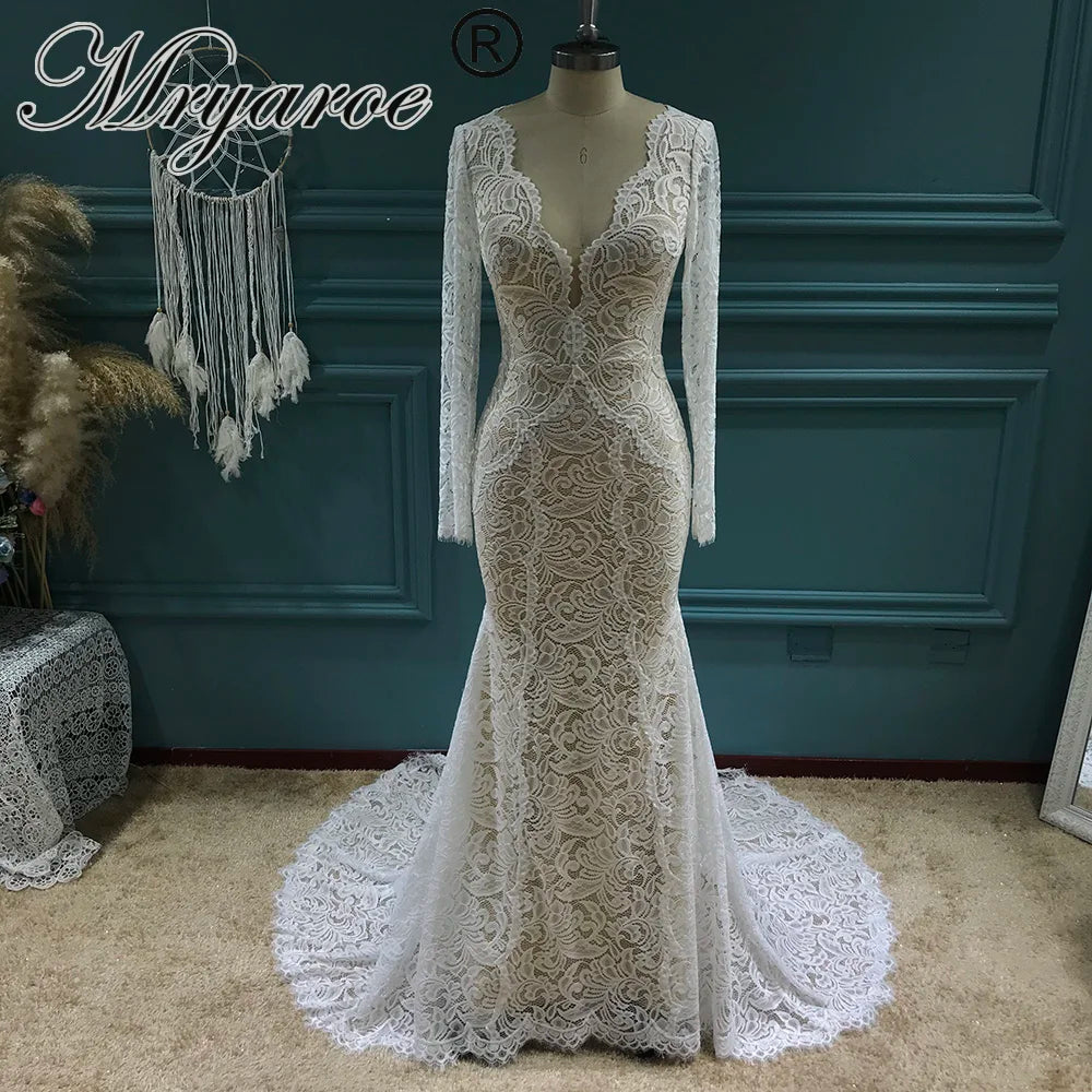 Stretch Lace Long Sleeves Mermaid Wedding Dress Flexible Boho Bridal Gowns