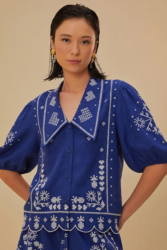 Navy Blue Embroidered Short Sleeve Shirt