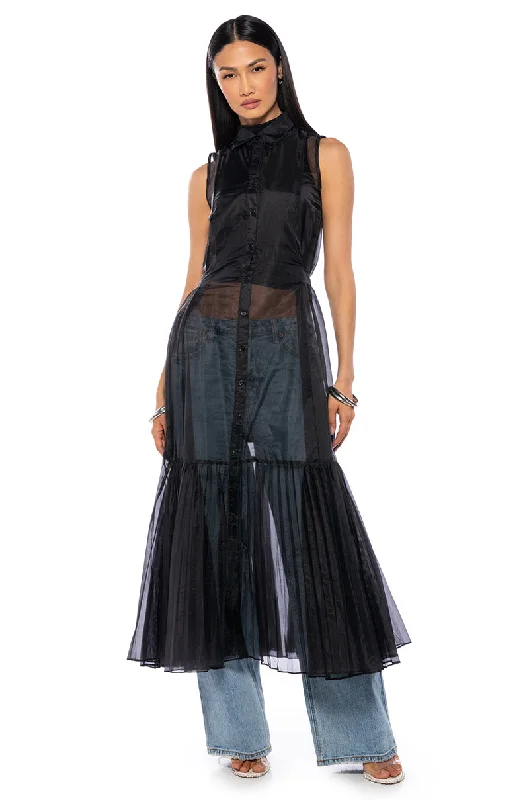 FITTED BUTTON DOWN PLEATED SHEER DUSTER