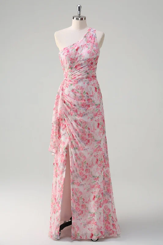 Pink Floral One Shoulder Long Prom Dress With Slit