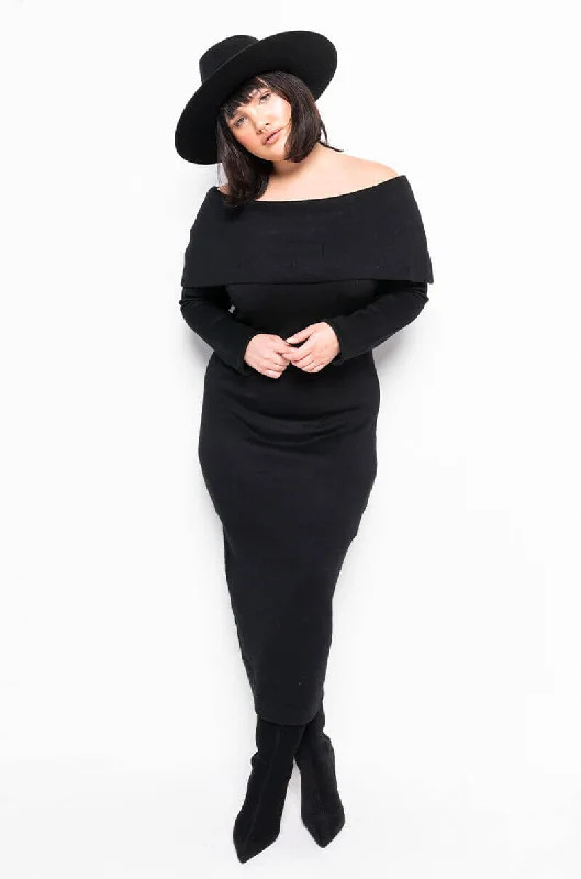 PLUS COZY AF OFF THE SHOULDER MIDI SWEATER DRESS BLACK