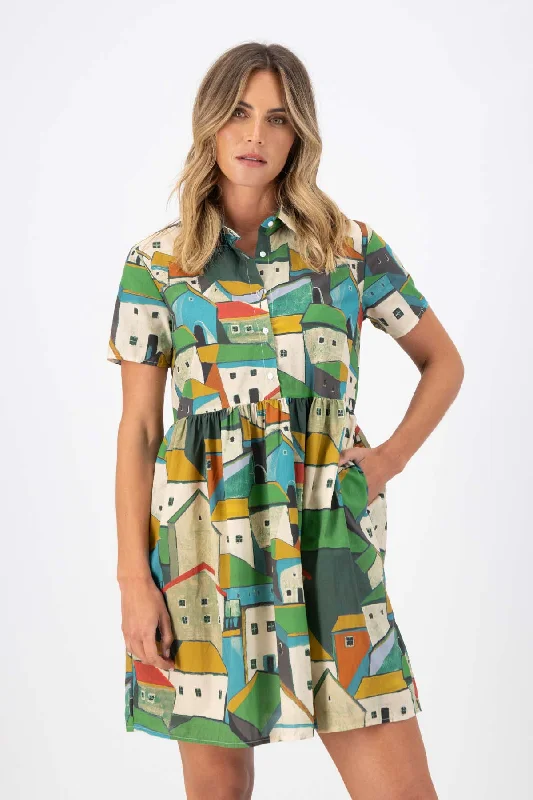 Pueblito Villa Dress Green in Seersucker | Pre-Order