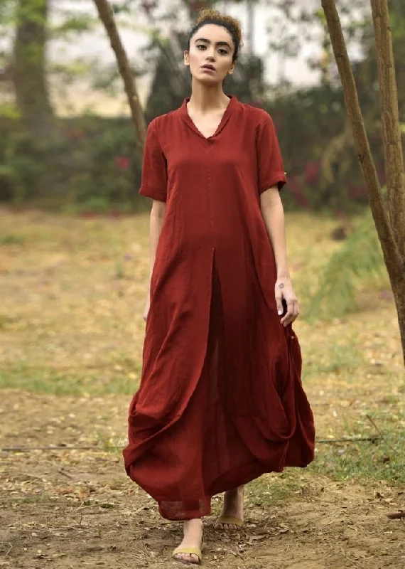 Red cowl and drape dress