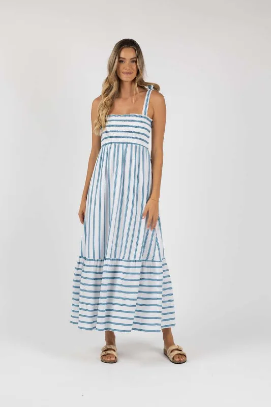 Santos Shirred Dress in Blue Strip HS24408 by Humidity Lifestyle