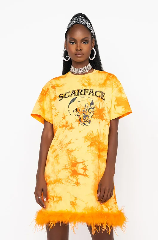 SCARFACE TIE DYE T SHIRT DRESS WITH FEATHER TRIM